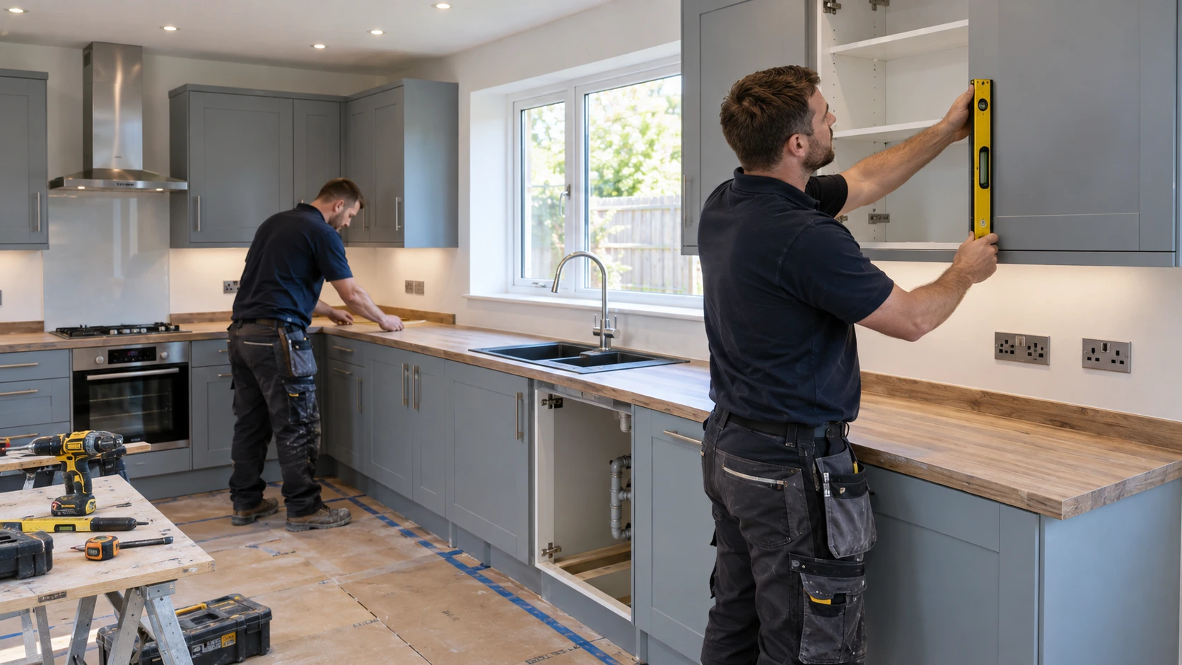Kitchen fitting team installing a complete contemporary kitchen, one checks cabinet alignment with spirit level while another fits a worktop, base and wall cabinets, sink position and protected floor clearly visible, no live service work.