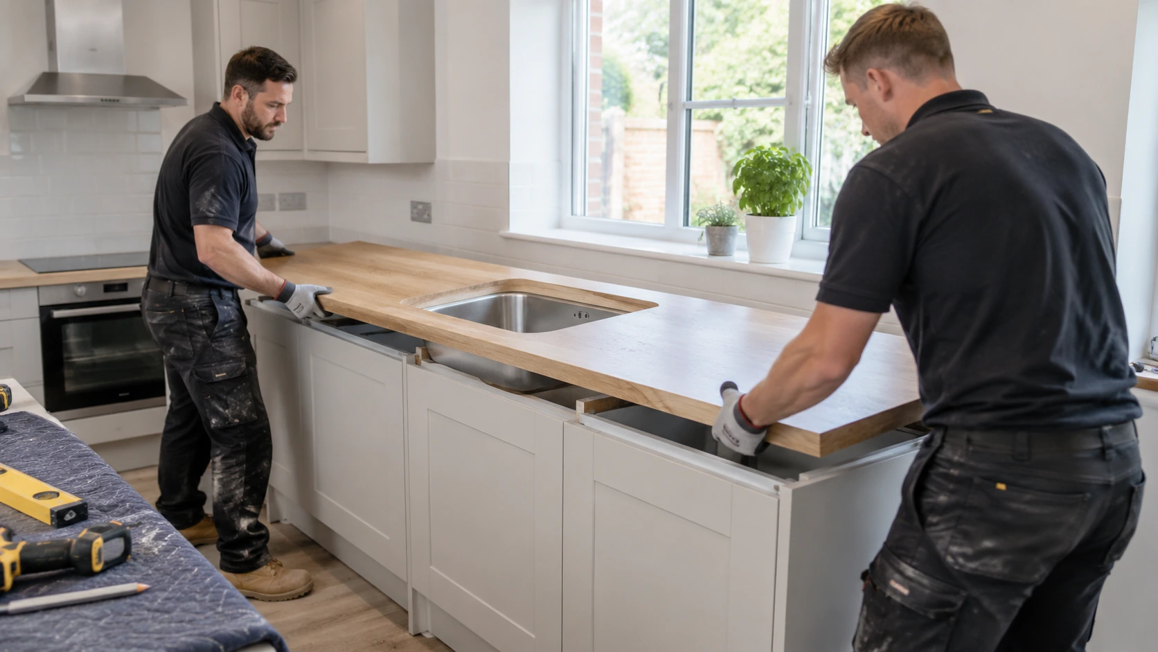 Two kitchen installers carefully lowering a pale oak worktop with a neat sink cutout onto aligned base cabinets, realistic support and coordinated safe lift, padded gloves, bright UK kitchen, tools neatly arranged.