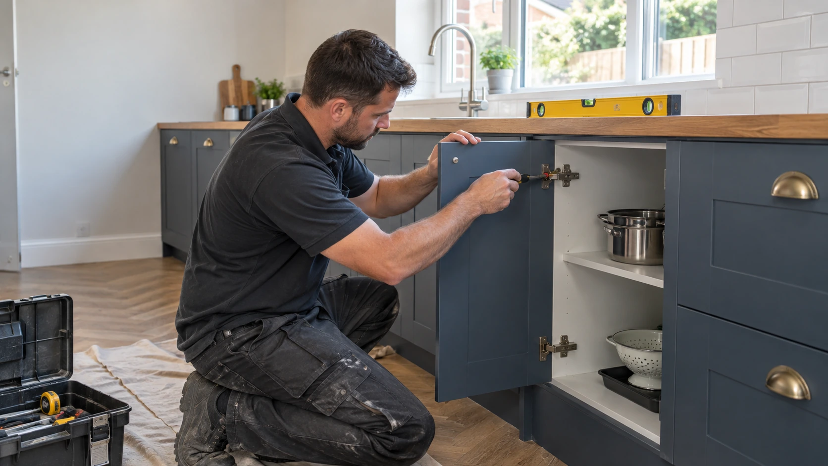 Kitchen fitter aligning a base cabinet and adjusting a concealed door hinge with a hand screwdriver, spirit level on cabinet top and orderly cabinet run visible, realistic hands and crisp hardware.