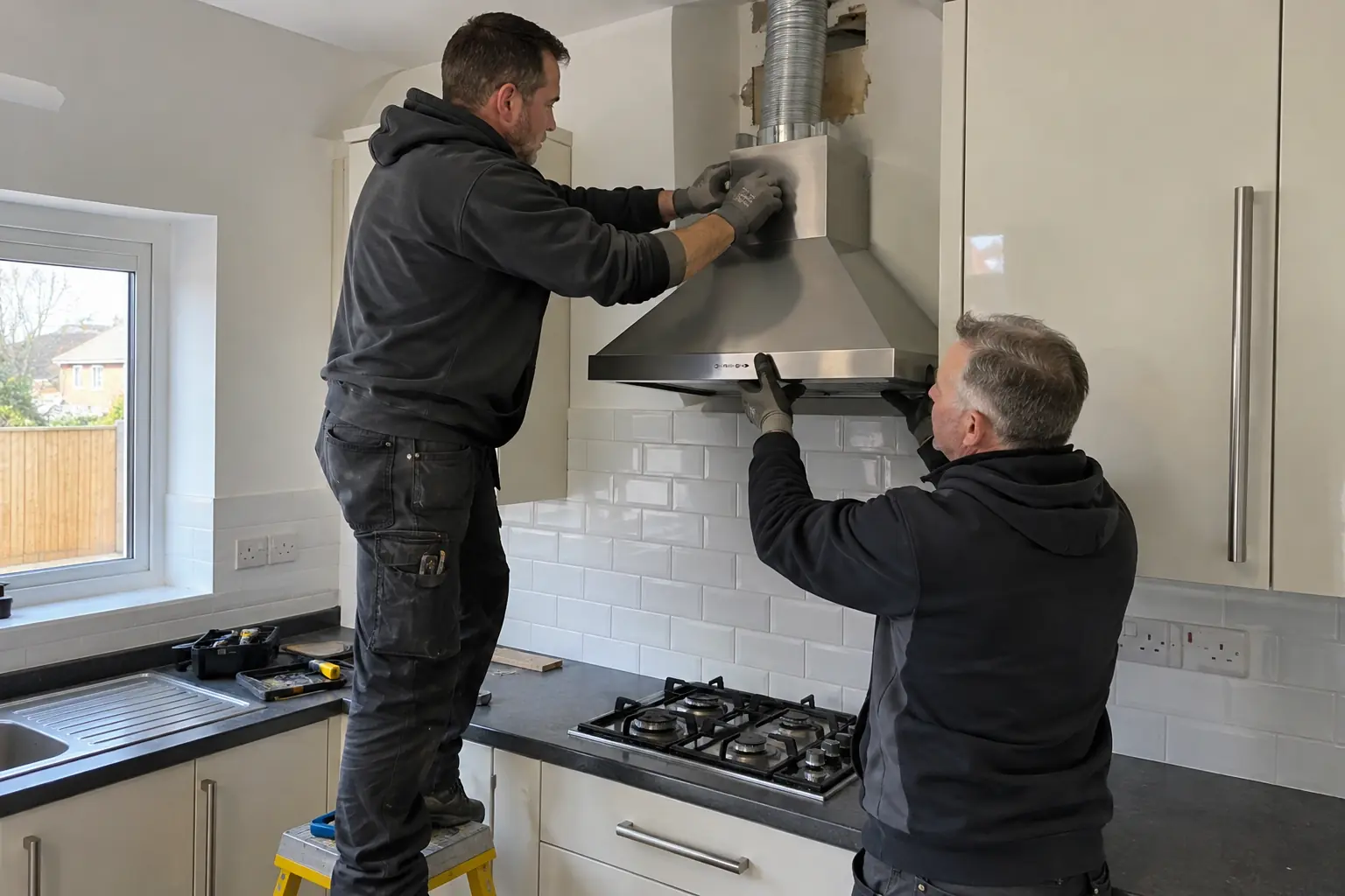 Kitchen extractor fitting — Two kitchen fitters installing a stainless steel cooker extractor hood beneath visible ducting above a hob, with one standing on a low platform.