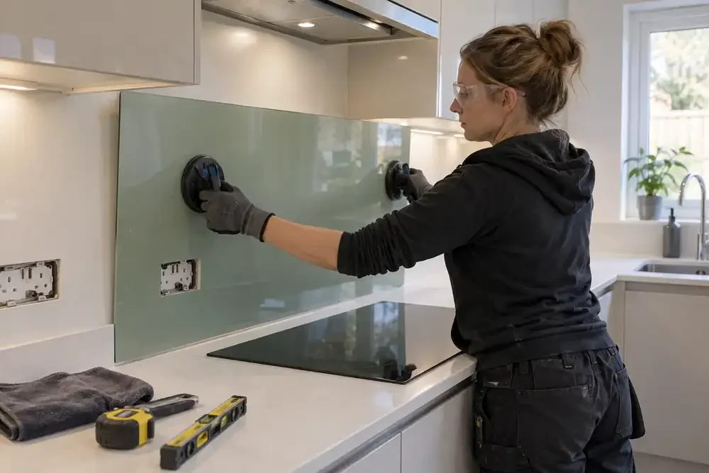Installer positioning a pale glass splashback behind a kitchen hob